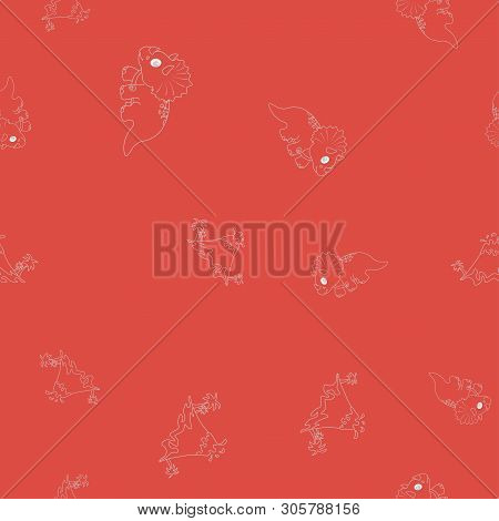 Seamless Pattern Of Contour Of Dinosaurus Triceratops And Vulcano Eruption. Isolated On Red Backgrou