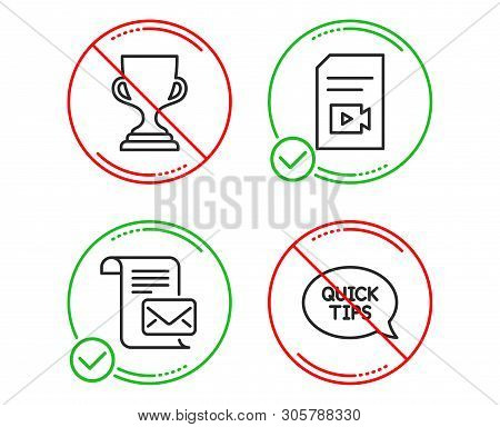 Do Or Stop. Award Cup, Video File And Mail Letter Icons Simple Set. Quickstart Guide Sign. Trophy, V