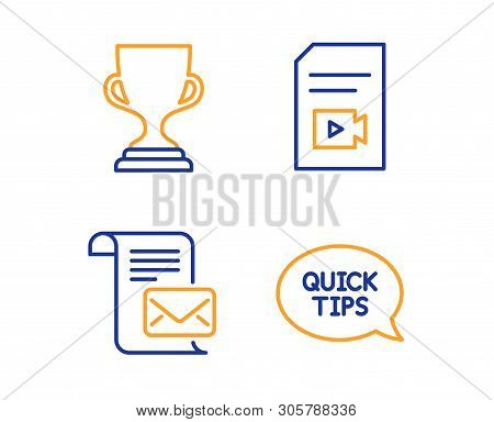 Award Cup, Video File And Mail Letter Icons Simple Set. Quickstart Guide Sign. Trophy, Vlog Page, Re