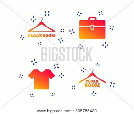 Cloakroom Icons. Hanger Wardrobe Signs. T-shirt Clothes And Baggage Symbols. Random Dynamic Shapes. 