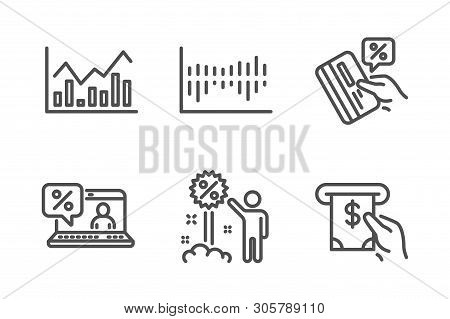 Infochart, Discount And Column Diagram Icons Simple Set. Online Loan, Credit Card And Atm Service Si