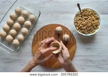 Cooking Of Arabic Meat Appetizer Kibbeh. Traditional Arabic Kibbeh With Lamb And Pine Nuts.