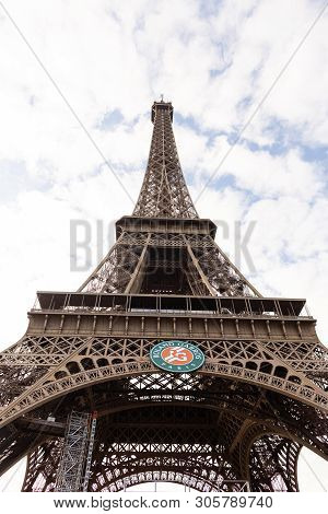 Paris, Île-de-france/france - May 31: Roland Garros Tennis Tournament Logo Decorating The Eiffel Tow