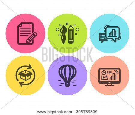 Creativity, Air Balloon And Return Parcel Icons Simple Set. Graph Chart, Article And Analytics Graph