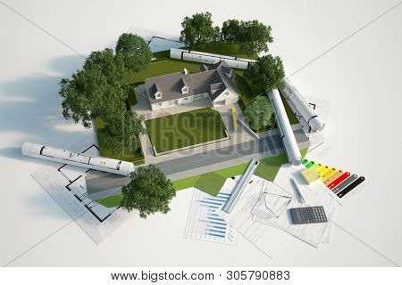 3D rendering of a house architectural and landscape model with blueprints, energy efficiency charts and other documents