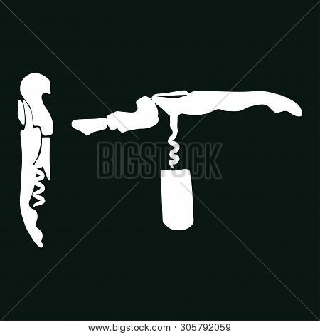 Corkscrew White Silhouette Illustration On Black Background. Wine Cork Screw, Bottle Opener Equipmen