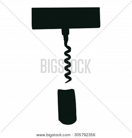Hand Drawn Corkscrew Illustration On White Background. Wine Cork Screw, Bottle Opener Equipment. Des