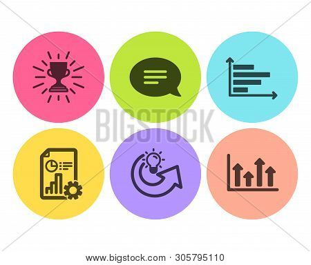 Chat, Report And Horizontal Chart Icons Simple Set. Share Idea, Trophy And Upper Arrows Signs. Speec