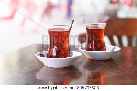 Traditional Drink In The Morning Tea In A Glass Cup On A Table In A Restaurant In Istanbul Turkey Wi
