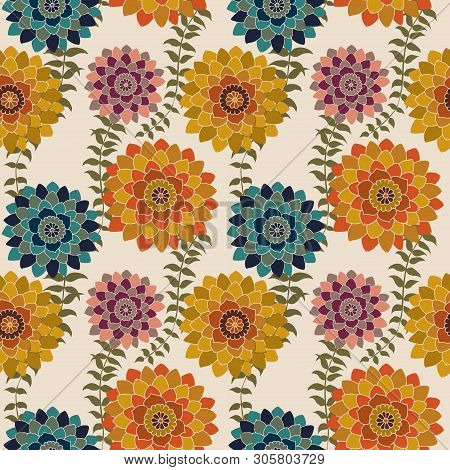 Fall Floral Seamless Pattern, Colorful Autumn Flowers Surface Pattern Background Autumn Floral Repea