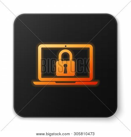 Orange Glowing Laptop And Lock Icon Isolated On White Background. Computer And Padlock. Security, Sa