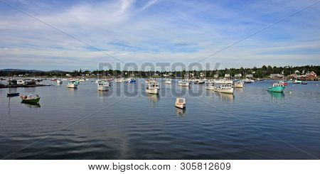 Bassharbor, Maine 07-30-2008 Lobster Boats Of Bass Harbor, Maine, At Anchor In The Harbor On A Quiet