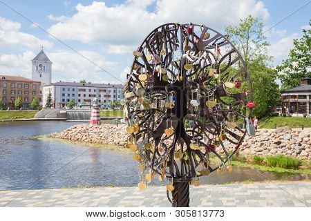 City Jelgava, Latvian Republic. Newlywed Keys With People Names. River Lielupe, Peoples And Urban Ci