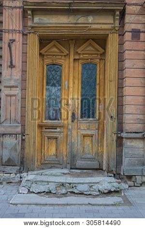 City Jelgava, Latvian Republic. Old Wooden Doors, House Exterior. Jun 9. 2019. Travel Photo.