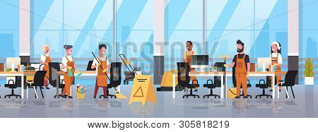 Janitors Team Cleaning Service Concept Male Female Cleaners In Uniform Working Together With Profess