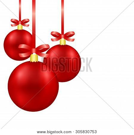 Red Christmas Decoration Balls On Ribbon With Bow Isolated Hanging With White Background, Stock Vect