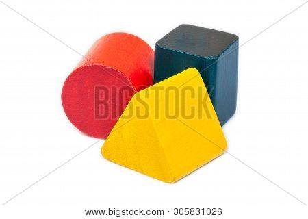 Wooden Building Blocks Isolated On White Background, Geometric Toy