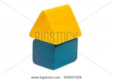 Wooden Building Blocks Isolated On White Background, Geometric Toy