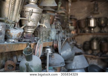Coppersmith Workshop And Hand Made Copper Things, Lahich, Azerbaijan. Interior Of Coppersmith Worksh