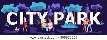 City Park Horizontal Banner Template. People Enjoying In Public Garden. Night Outdoors Activities. F