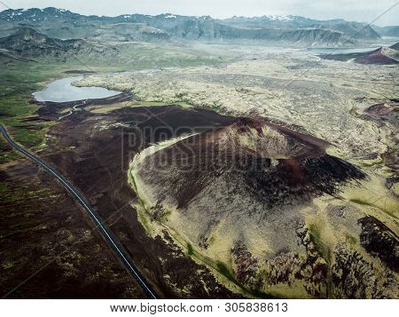 Panoramic View On Green Inland Of Iceland