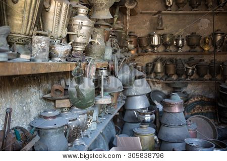 Coppersmith Workshop And Hand Made Copper Things, Lahich, Azerbaijan. Interior Of Coppersmith Worksh