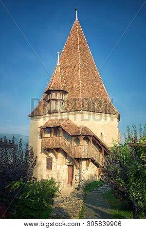 Sighisoara Bootmakers Tower of medieval fortified town, Romania