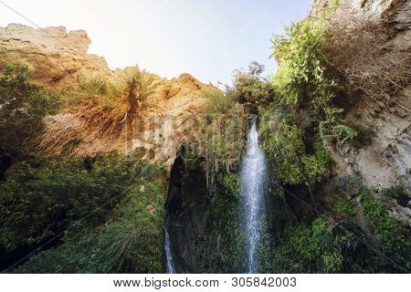 Close Uup Of Great Falls Shulamit Falling From The Top Of Mountain With Green Trees And Bushes. Ein 