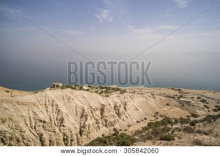 Scenic Aerial View Of The Mountain Plateau With Human Settlements Near The Dead Sea Coastline, Israe