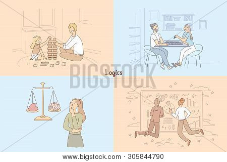 Building A Brick Tower With Child, Couple Playing Tabletop Game Of Chess, Logical Thinking Vs Emotio