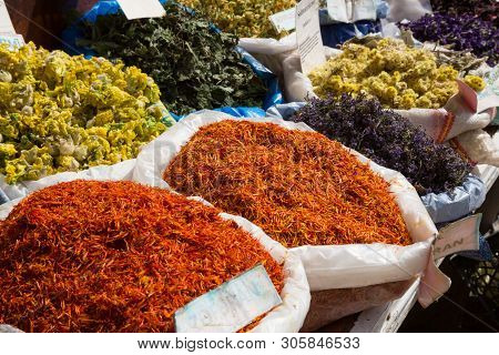 Different Herbs In Bags On A Street Market In Lagich, Azerbaijan.