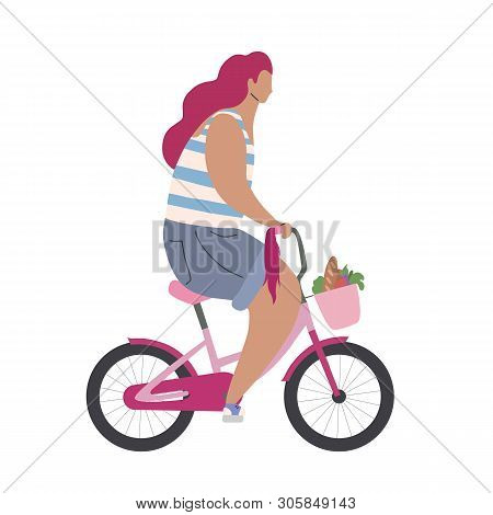 Active Modern Hipster Girl On A Pink Bike With Shopping. Modern Flat Illustration Side View. Summer 