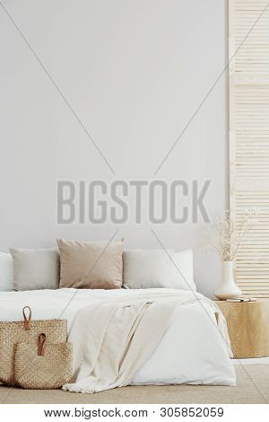 Copy Space On Empty Wall Of Trendy Bedroom Interior