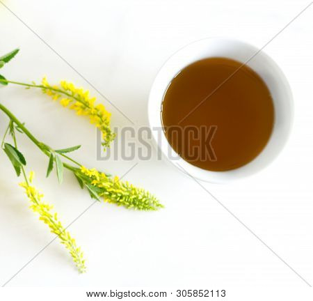 Herbal Tea In A Porcelain Cup.melilotus Officinalis, Known As Yellow Sweet Clover On White Table. Us