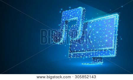 Computer With Music Note On Monitor Screen. Polygonal Sound Projection, Computer Melody Concept. Abs
