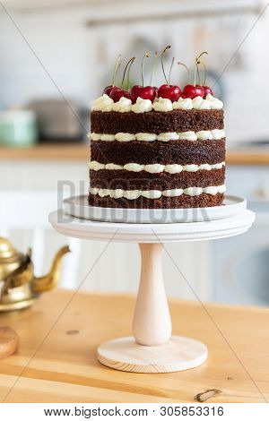 Black Forest Cake, Schwarzwalder Kirschtorte, Schwarzwald Pie, Dark Chocolate And Cherry Dessert On 