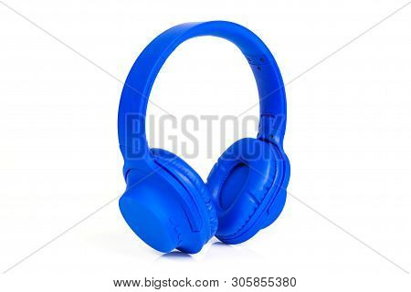 Headphones Isolated On A White Background, Blue Headphones.