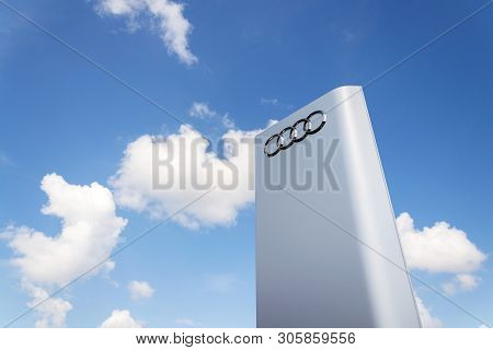 Prague, Czech Republic - May 6 2019: Audi Company Logo In Front Of Dealership Building On May 6, 201