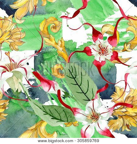 Red White Strophantus Floral Flowers. Watercolor Background Illustration Set. Seamless Background Pa