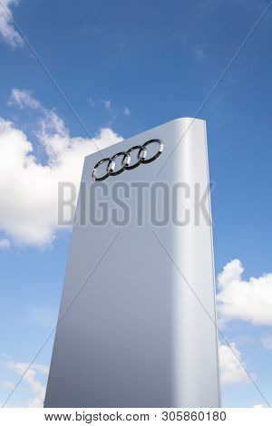 Prague, Czech Republic - May 6 2019: Audi Company Logo In Front Of Dealership Building On May 6, 201