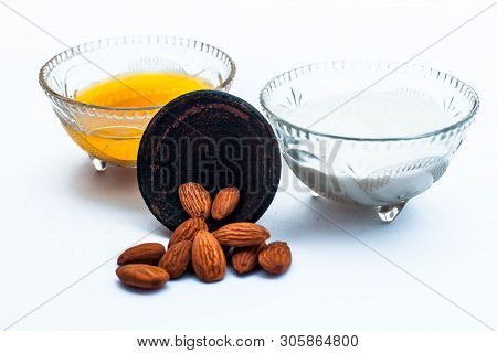 Milk Face Pack For Natural Instant Glow Isolated On White I.e. Raw Milk Well Mixed With Powdered Alm
