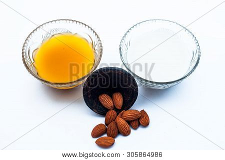 Milk Face Pack For Natural Instant Glow Isolated On White I.e. Raw Milk Well Mixed With Powdered Alm