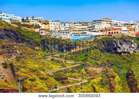 Fira, Santorini Island, Greece Panoramic View, With Donkey Path And Cable Car From Old Port, High Vo