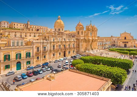Beautiful City Of Noto, Italian Baroque Capital. View Of The Cathedral In The City Center. Province 