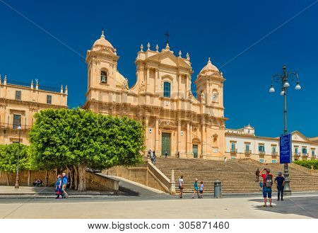 Noto - April 2019, Sicily, Italy: View Of The Noto Cathedral, Baroque Architectural Style
