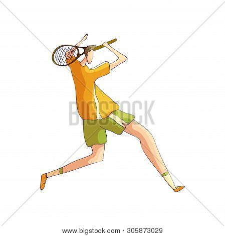 Tennis Player Swung The Racket From Behind His Head. Vector Illustration On White Background.