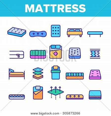 Mattress Types And Material Vector Linear Icons Set. Orthopedic And Antiallergic Comfortable Mattres