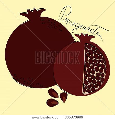 Vector Illustration Of Whole And Cut Pomegranates On Pastel Yellow Background