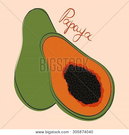 Vector Illustration Of Whole And Cut Papaya On Pastel Orange Background