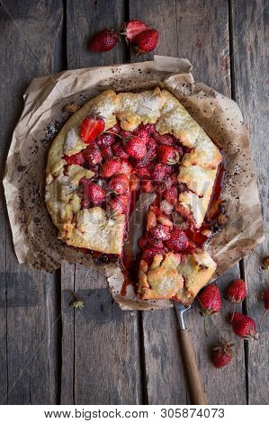 Summer Strawberry Gallete With Mix Of Berries. Rustic Style. Strawberry Pie